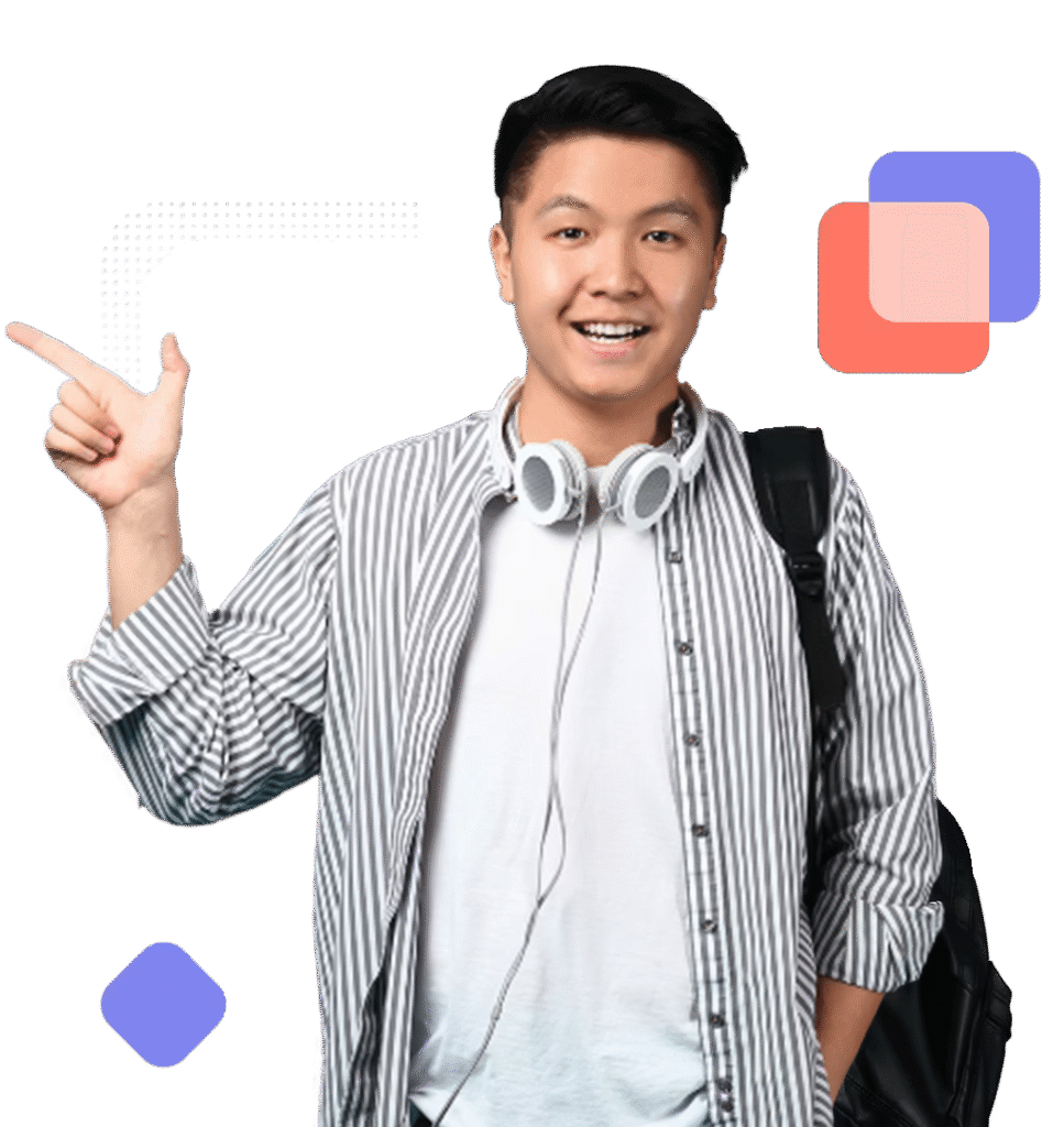 Smiling man pointing with backpack