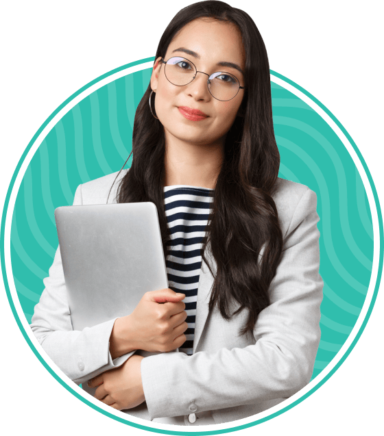 Woman holding laptop and smiling